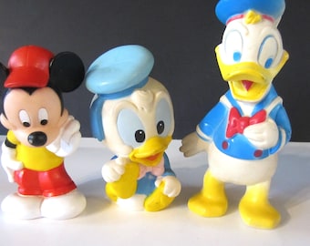 1980's DISNEY MICKEY and DONALD Baby Squeaky Toys **3 Different Soft Rubber Squeak Toys*Mickey Playschool Toy** Disney Prod**Great Condition