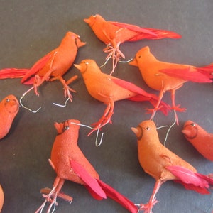 10 Vintage Red Flocked Cardinals with Feather Wings and Tail .....  Bird Ornament,  Christmas Decor** 1950&#39;s  Group 2