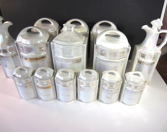 GERMANY Antique CANISTER SET * Large 14 Piece Set All With Lids* Opalescent Finish* Lusterware With Gold Accents**Early 1900's**Some Chips