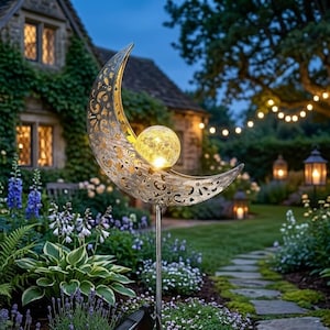 May include: A crescent moon-shaped garden stake light featuring a metallic silver finish with intricate cut-out patterns and a glowing, crackled glass orb nestled in the center, supported by a thin metal pole with a solar panel attachment.