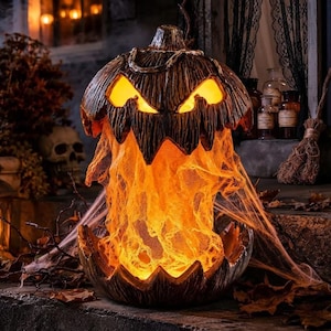 May include: A dark brown, textured pumpkin sculpture with a jagged, carved face and glowing yellow eyes. The interior emits a bright orange light, illuminating a layer of draped, web-like fabric that extends from the top to the base.