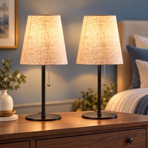 Set di 2 lampade da tavolo nere, paralumi in tessuto beige da 48 cm, interruttori a catenella.