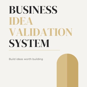 Può includere: Un documento digitale intitolato Business Idea Validation System di Easy4Business. Il testo è in nero e oro su uno sfondo color crema chiaro. Include la frase Build ideas worth building e il testo Easy4Business, Easy4You in basso.