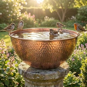 Hammered Copper Bird Bath, Verdigris Patina Bird Bath Bowl, Rustic Garden Basin, Handmade Moroccan Outdoor Garden Decor
