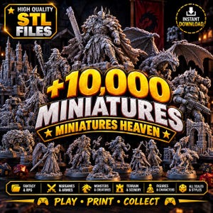 Könnte beinhalten: Eine digitale Sammlung von 10.000 STL-Dateien für den 3D-Druck von Fantasy-Miniaturen, darunter Krieger, Drachen, Monster und Gelände. Das Bild zeigt graue Figuren, den Text +10.000 MINIATURES und Symbole für Spiele.