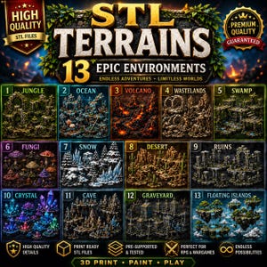May include: A digital collection of 13 STL terrain environments for 3D printing, featuring labeled scenes including jungle, ocean, volcano, wastelands, swamp, fungi, snow, desert, ruins, crystal, cave, graveyard, and floating islands with text.
