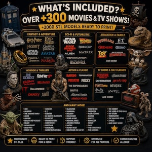 May include: A digital advertisement for a collection of over 300 movies and TV shows and 2000 STL models for 3D printing. The graphic features text lists of popular film titles and various miniature character figurines including Yoda, Darth Vader, and Rambo.