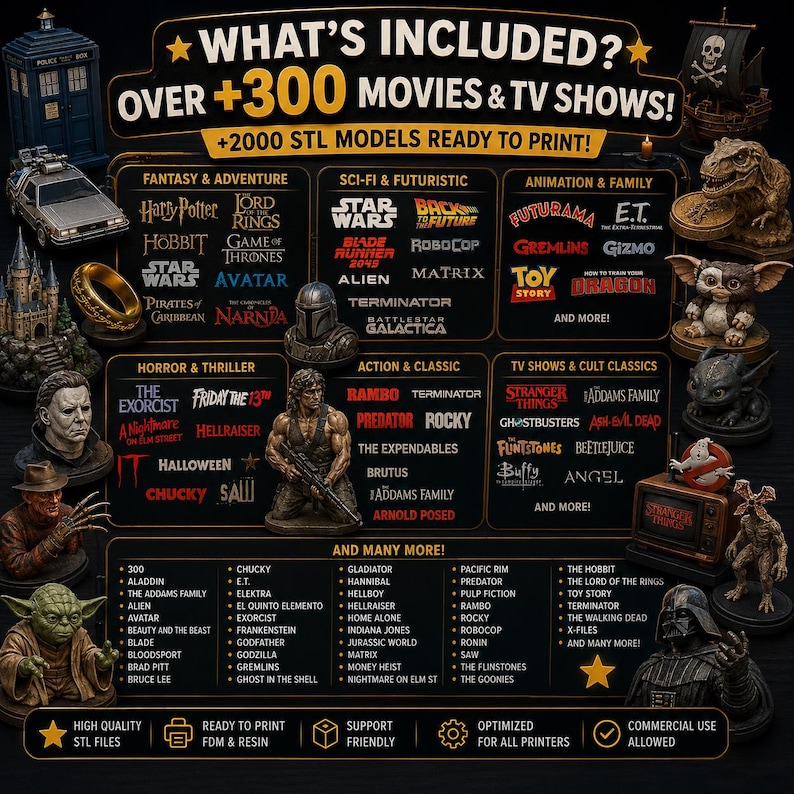 May include: A digital advertisement for a collection of over 300 movies and TV shows and 2000 STL models for 3D printing. The graphic features text lists of popular film titles and various miniature character figurines including Yoda, Darth Vader, and Rambo.