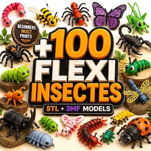 May include: A collection of colourful, articulated insect figurines including a pink caterpillar, yellow bee, red spider, purple butterfly, green grasshopper, black scorpion, and ladybug, surrounding a sign that reads +100 FLEXI INSECTES STL + 3MF MODELS.