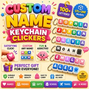 May include: A set of custom name keychain clickers featuring colorful, modular letter blocks. The image displays various examples like Sophia, Jayden, Olivia, Noah, Emily, and Alex, alongside text promoting 100+ letters, STL+3MF models, and satisfying click mechanisms for these personalized accessories.