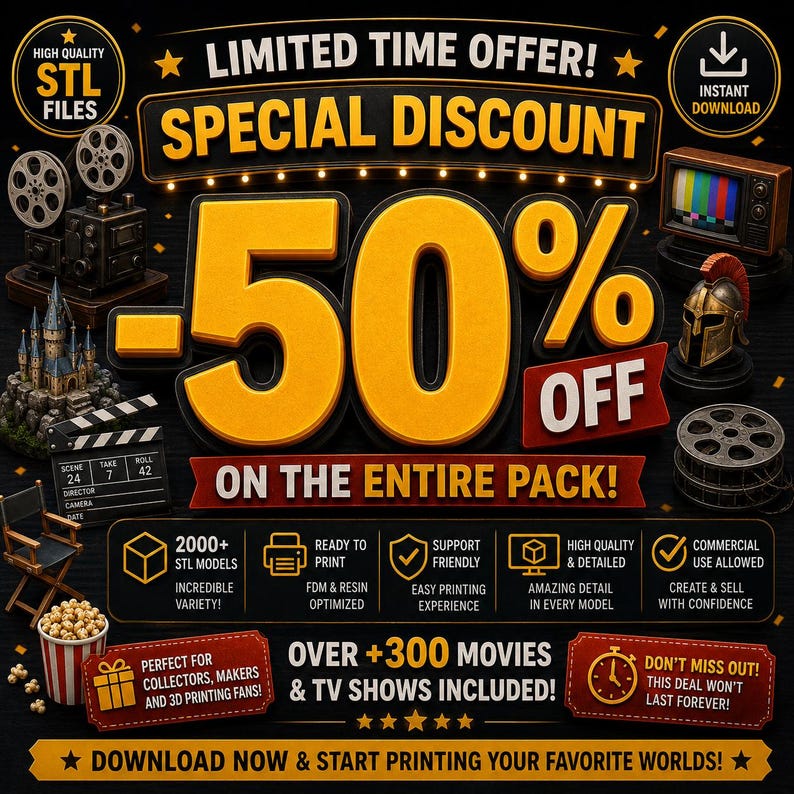 May include: A digital promotional graphic featuring the text LIMITED TIME OFFER, SPECIAL DISCOUNT, -50% OFF ON THE ENTIRE PACK, and OVER +300 MOVIES & TV SHOWS INCLUDED. The design includes 3D icons of a film projector, castle, clapperboard, TV, helmet, and popcorn.