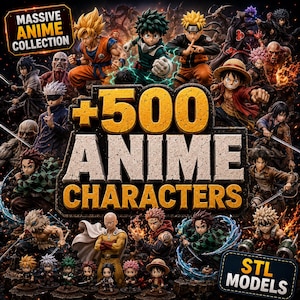 Puede incluir: Una colección digital de figuras de personajes de anime en 3D con héroes y villanos icónicos de varias series. La imagen muestra el texto MASSIVE ANIME COLLECTION, +500 ANIME CHARACTERS y STL MODELS, exhibiendo diseños de personajes detallados.