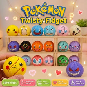 May include: A collection of spherical Pokémon-themed twisty fidget toys displayed on a wooden shelf. Each toy features a unique character face, including Pikachu, Psyduck, Squirtle, and Gengar. The image includes text reading Pokémon Twisty Fidget.