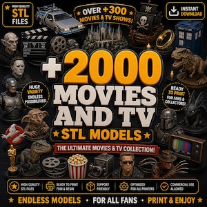 Op de afbeelding: Een digitale collectie van meer dan 2000 3D-printbare STL-modellen met personages en rekwisieten uit diverse films en tv-programma's. De afbeelding toont miniatuurfiguren, voertuigen en iconische objecten met de tekst +2000 MOVIES AND TV STL MODELS.