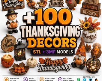 Plus de 100 fichiers STL de décorations pour Thanksgiving, fichiers d'impression 3D, décorations d'automne pour la maison, décorations de dinde et de citrouille, téléchargement numérique 3MF