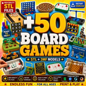 Puede incluir: Una colección de 50 juegos de mesa con archivos STL y 3MF imprimibles en 3D. La imagen muestra varios juegos de mesa en miniatura, incluyendo bolos, tres en raya, hockey de aire, un desafío de tiro, fútbol de dedos y un juego de plinko.