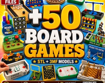 May include: A digital collection of 50 board games featuring 3D printable STL and 3MF files. The image displays various miniature tabletop games including bowling, tic-tac-toe, air hockey, plinko, and chess, with text reading +50 BOARD GAMES.