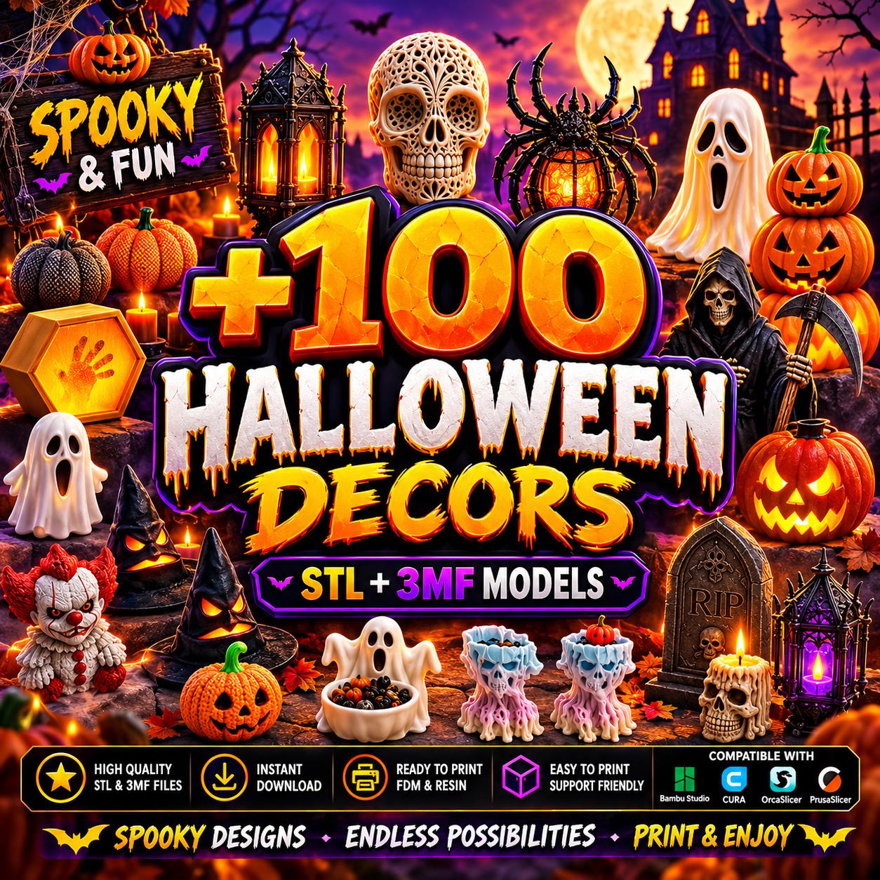 100+ Halloween Decor STL Files, Halloween Decorations 3D Print, Spooky STL Bundle, 3D Printing Files, FDM & Resin, Instant Download