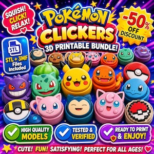 Könnte beinhalten: Eine Sammlung von 3D-druckbaren Pokémon-Klick-Buttons mit Charakteren wie Pikachu, Gengar, Relaxo und Pummeluff. Das Bild enthält Text wie POKEMON CLICKERS, 3D PRINTABLE BUNDLE, STL + 3MF FILES INCLUDED und -50% OFF DISCOUNT.