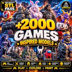 Puede incluir: Una colección digital de más de 2000 archivos STL imprimibles en 3D inspirados en videojuegos, que presenta varios personajes y estructuras como un caballero, un dragón, un robot y un castillo, con el texto +2000 GAMES INSPIRED MODELS.