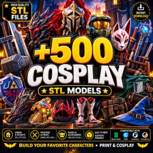 Może przedstawiać: Cyfrowa kolekcja ponad 500 modeli cosplay STL do druku 3D, zawierająca różne fantastyczne zbroje, hełmy, broń i akcesoria. Obraz przedstawia różnorodne wyposażenie, w tym miecze, tarcze, maski i rękawice, z nałożonymi tekstami High Quality STL Files, Instant Download oraz +500 Cosplay STL Models.