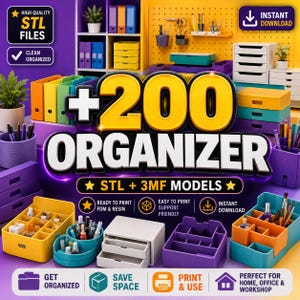 Peut inclure: Une collection numérique de 200 fichiers STL et 3MF d'organisateurs pour impression 3D. L'image présente divers organisateurs de bureau, tiroirs et contenants de rangement colorés en jaune, bleu sarcelle et violet, avec des étiquettes.