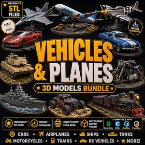 Op de afbeelding: Een digitale collectie van 3D-printbare modellen met diverse voertuigen en vliegtuigen, waaronder een straaljager, passagiersvliegtuig, propellervliegtuig, rode sportwagen, blauwe muscle car, tank, motorfiets, slagschip, off-road buggy en een stoomtrein.