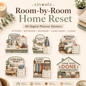May include: A set of 40 digital planner stickers titled Room-by-Room Home Reset, featuring illustrations for kitchen, bathroom, bedroom, living room, and closet organization. Each sticker includes a checklist and text labels for cleaning tasks.