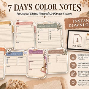 Peut inclure: Un ensemble de blocs-notes numériques et d'autocollants de planification intitulés 7 DAYS COLOR NOTES, comprenant sept modèles de planification quotidienne aux tons terreux, fonds quadrillés et illustrations botaniques décoratives.