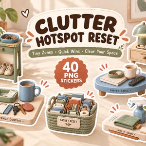 Op de afbeelding: Een digitale stickerset getiteld CLUTTER HOTSPOT RESET met 40 PNG-afbeeldingen van georganiseerde woonzones. De illustraties bevatten een groen bijzettafeltje, een nachtkastje met lamp, een salontafel, een FRINGE CONTROL-dienblad, een mand en schoonmaakspullen.