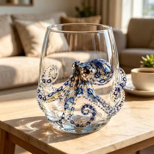 3D Octopus Glass Tumbler, Murano‑Style Sculpted Stemless Wine Cup, Nautical Ocean Themed Art Glassware, Unique Bar Decor,Christmas gift.
