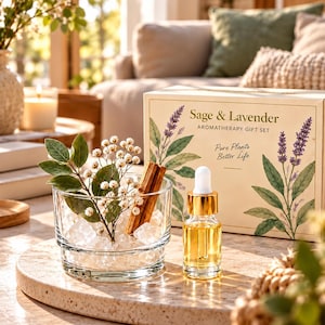 Sage Lavender Crystal Diffuser Set, Home Fragrance Gift Box, Essential Oil Stone Diffuser, Bedroom Office Decor, Botanical Gift for Her Home