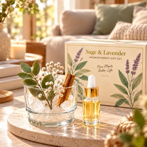 May include: A Sage & Lavender Aromatherapy Gift Set box with botanical illustrations, a small glass dropper bottle filled with golden oil, and a clear glass bowl containing clear crystals, green leaves, white flowers, and a cinnamon stick.