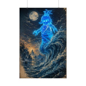 May include: A vertical wall art print featuring a glowing blue translucent figure resembling a toy character emerging from a large, crashing ocean wave. The scene includes a full moon in a dark sky and rocky cliffs along a coastline at sunset.