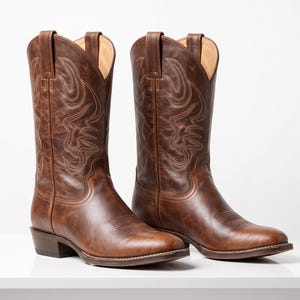 May include: A pair of brown leather cowboy boots featuring a mid-calf height, a stacked heel, and a rounded toe. The shaft of each boot is decorated with intricate, light-colored stitching in a swirling pattern, and pull tabs are at the top.