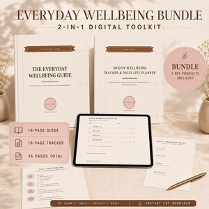 Op de afbeelding: Een Everyday Wellbeing Bundle 2-in-1 digitale toolkit met The Everyday Wellbeing Guide en een 30-daagse welzijnstracker en dagplanner. Bevat een tablet met een dagelijks check-in formulier, geprinte pagina's en een gouden pen.