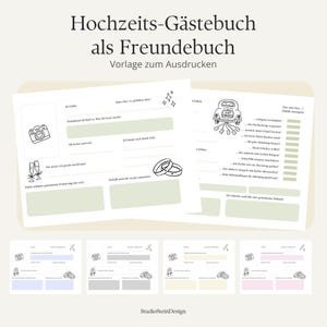May include: A printable wedding guest book template featuring German text, line drawings of a camera, champagne flutes, wedding rings, and a car with Just Married text. The layout includes blank fields for guest entries and light green accents.