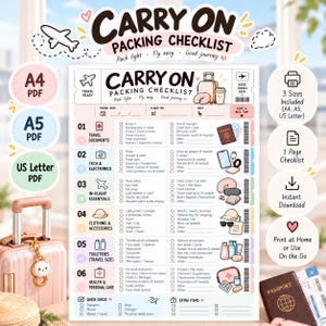 May include: A digital carry-on packing checklist document featuring six categories: travel documents, electronics, in-flight essentials, clothing, toiletries, and health items. The design includes icons, checkboxes, and text in English, with labels for A4, A5, and US Letter sizes.