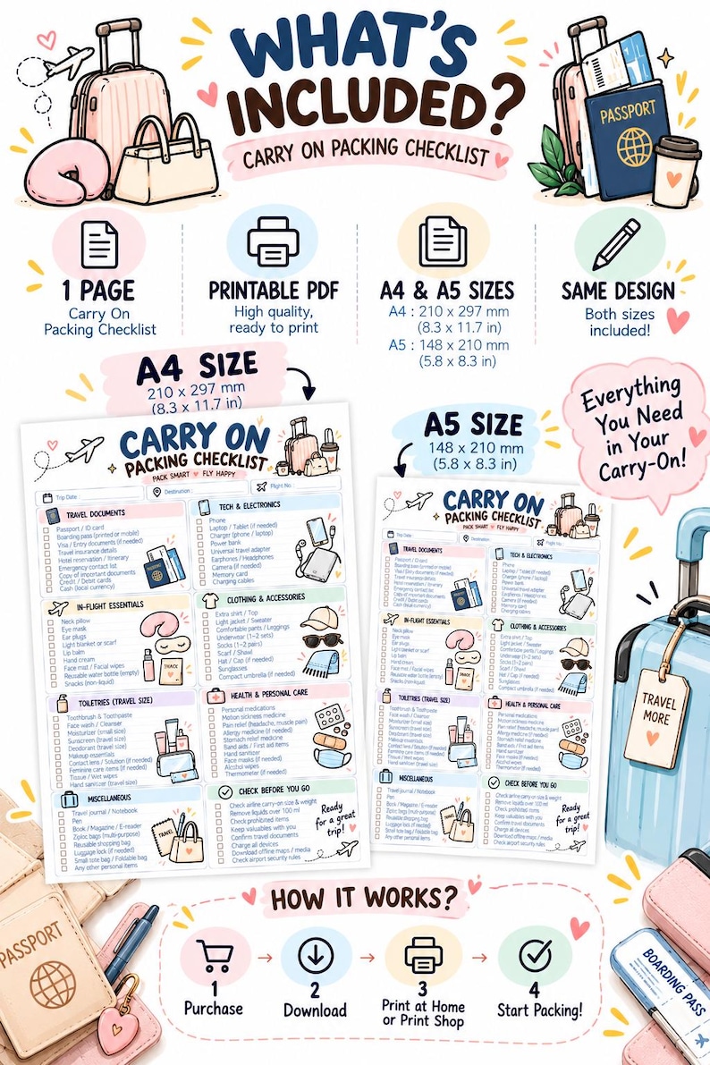 Packing List Layout.pdf Carry on Packing Checklist Printable, Flight Essentials List, A4 A5 PDF ...