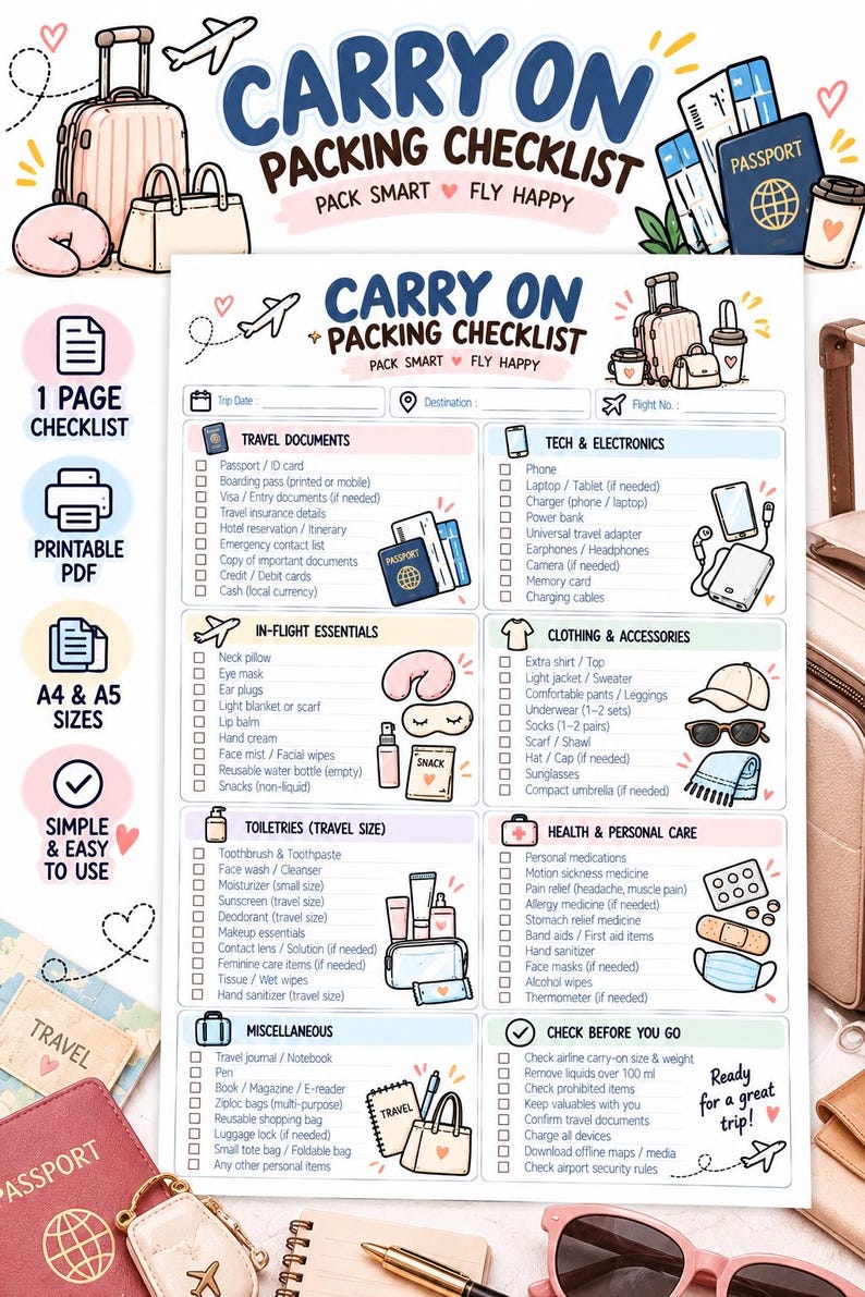 Packing List Layout.pdf Carry on Packing Checklist Printable, Flight Essentials List, A4 A5 PDF ...