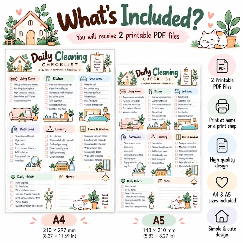 Cleaners Checklist Daily Home Cleaning Checklist Printable, A4 & A5 PDF - Etsy