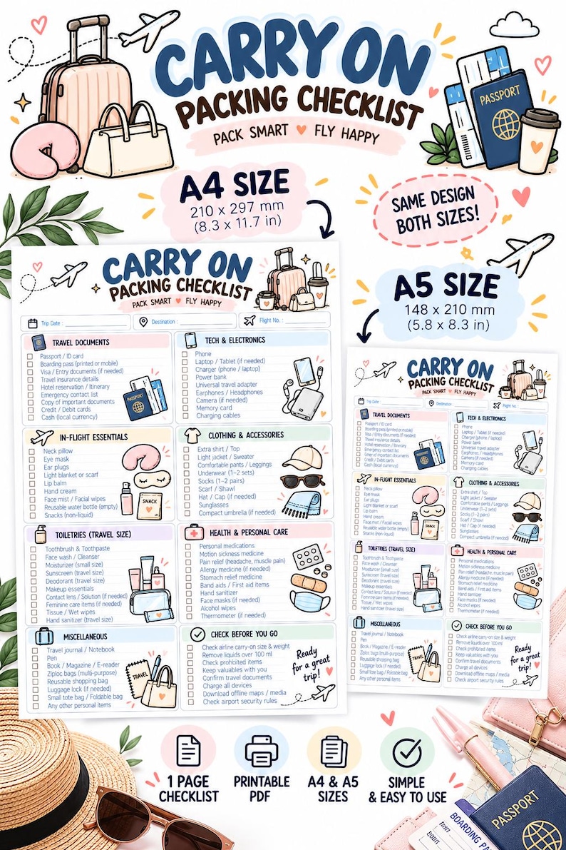 Packing List Layout.pdf Carry on Packing Checklist Printable, Flight Essentials List, A4 A5 PDF ...
