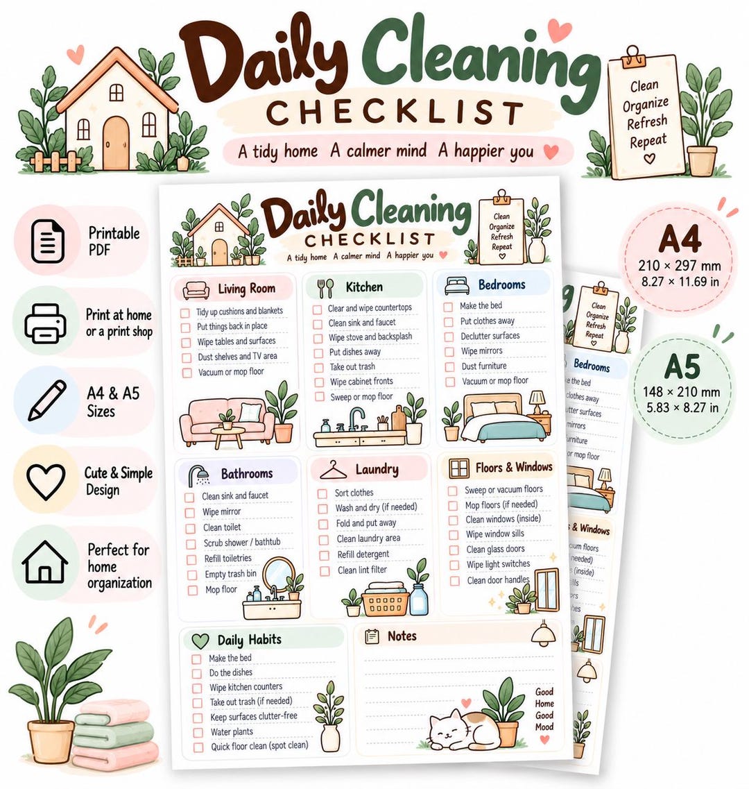 Cleaners Checklist Daily Home Cleaning Checklist Printable, A4 & A5 PDF - Etsy