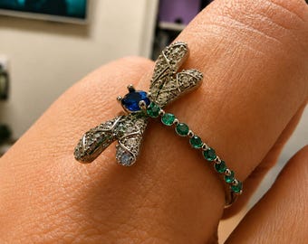 Silver Plated Dragonfly Ring | Blue Green CZ Gemstones | Nature Inspired Jewelry