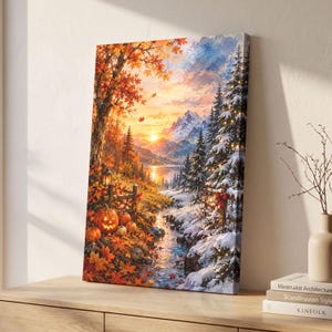 May include: A vertical canvas print depicting a seasonal transition landscape. On the left, autumn trees with orange foliage and jack-o'-lanterns. On the right, snow-covered pine trees with glowing lights. A stream flows between them toward mountains.