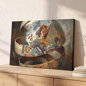 May include: A rectangular canvas print featuring a stylized, artistic map of Europe and North Africa. The map appears to be peeling or unfolding in layers, revealing geological regions like the Baltic Shield and Alpine Orogen with text labels.