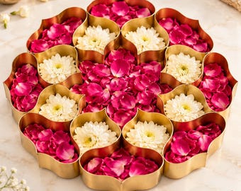 Decorative Metal Flower Urli Bowl | Large Gold Lotus Petal Serving Bowl for Floating Flowers, Candles, Diwali, Pooja and Home Decor