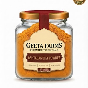 May include: A clear glass jar filled with orange-yellow Ashtagandha powder. The label reads Geeta Farms Indian Heritage Rituals, 100% Pure, Rich Quality, No Additives, Net Wt. 250g. A gold lid is sealed with a red strip, and a 100% Natural seal is visible.