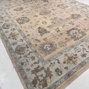 Hand Knotted Warm Beige Oushak Rug, Muted Camel & Slate Blue Area Rug, Earthy Neutral Vintage Turkish Wool Carpet