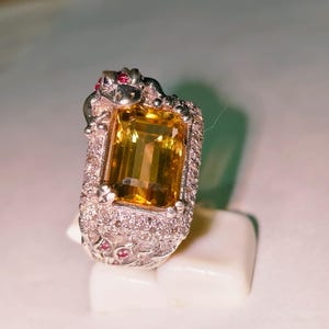 Sterling Silver Statement Ring | Yellow Topaz, Ruby, Sapphire, Diamond, Vintage Cocktail